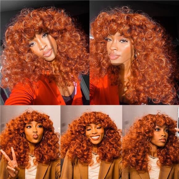 Copper Curly Wigs for Black Women Long Curly Afro Wig with Bangs for Women - Picture 6 of 7